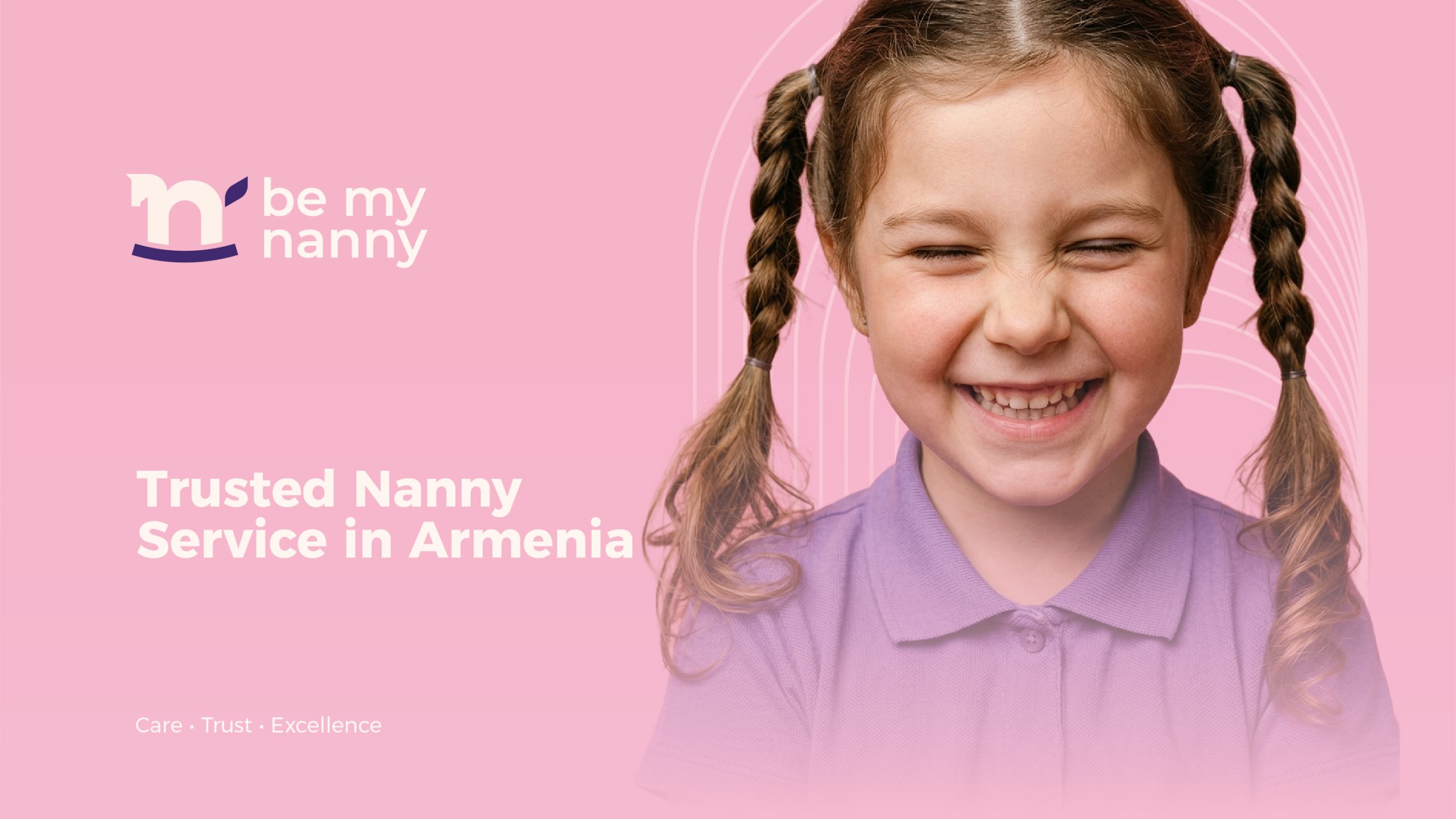 Close-up of a smiling girl with braids overlaid with the Be My Nanny logo in white and soft pink.