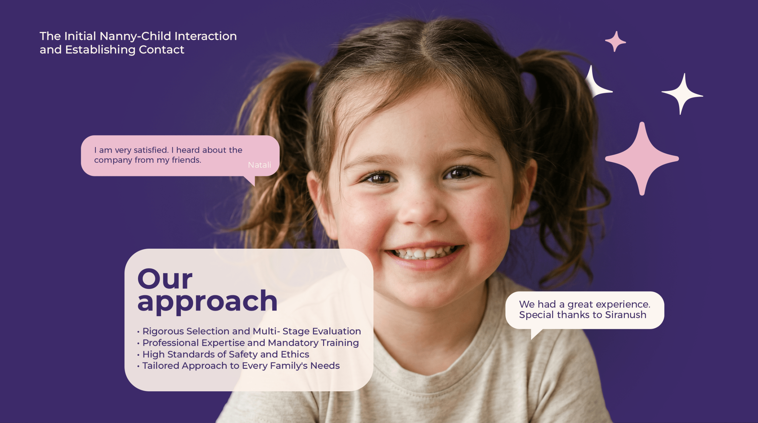 Modern minimalist branding for childcare services, Be My Nanny logo displayed on a purple background.