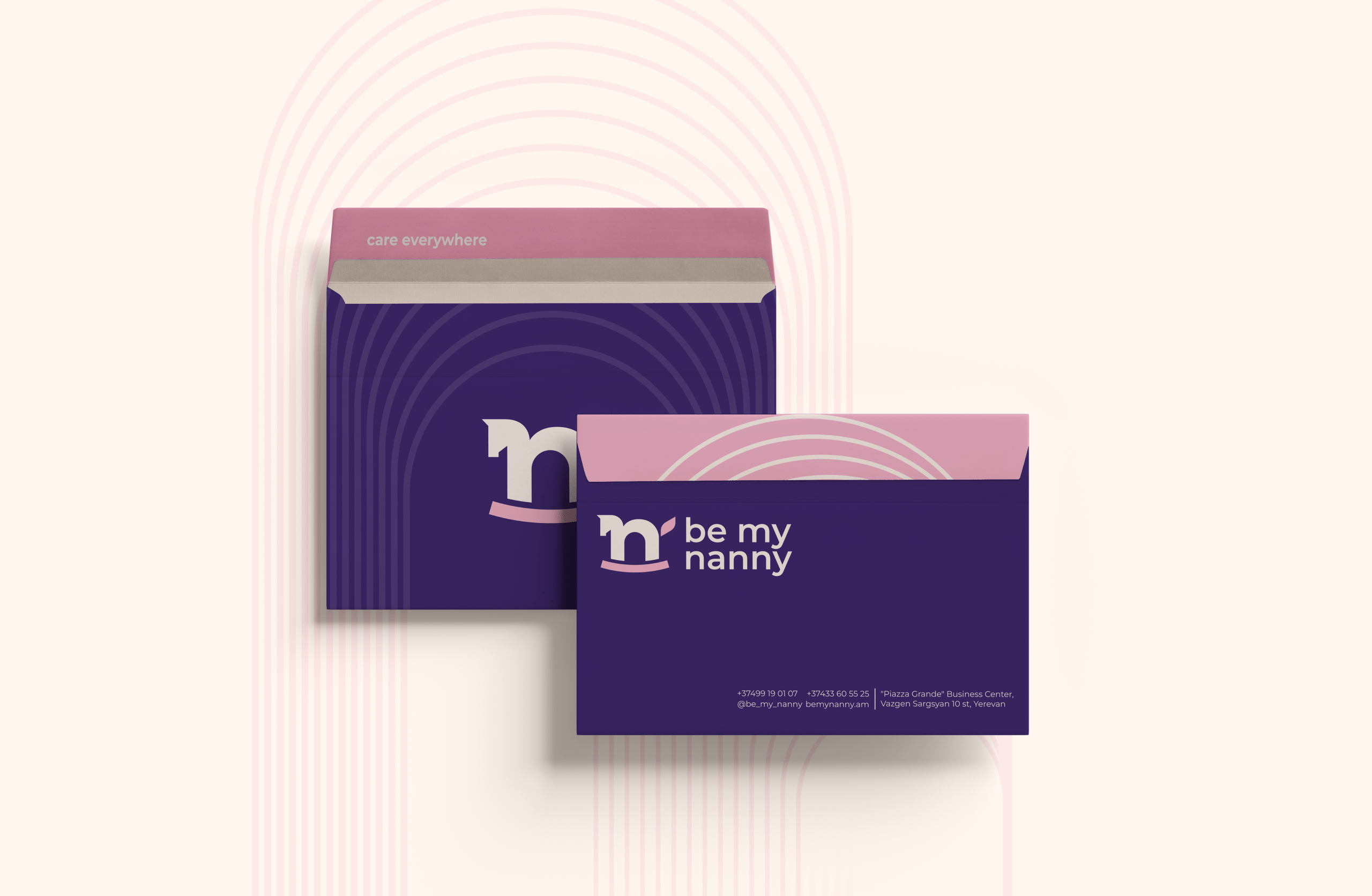 Modern childcare agency poster design with purple aesthetic and minimalist branding.