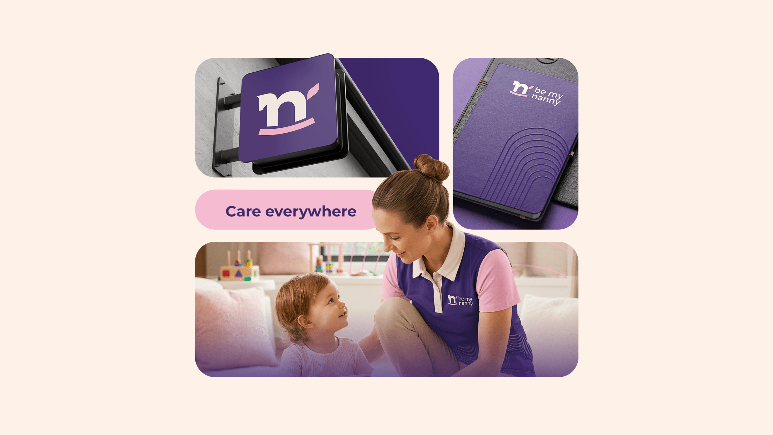 Modern minimalist branding for childcare services, Be My Nanny logo displayed on a purple background.