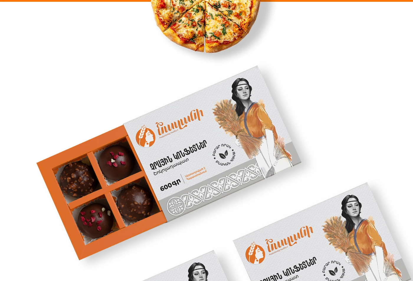 Female chef in an orange uniform serving a tray of baklava next to a Nushani (Nazani) branded paper bag and traditional bread. Atyan Design